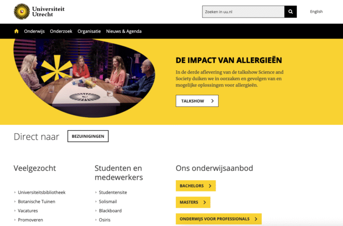 Screenshot homepagina Universiteit Utrecht.