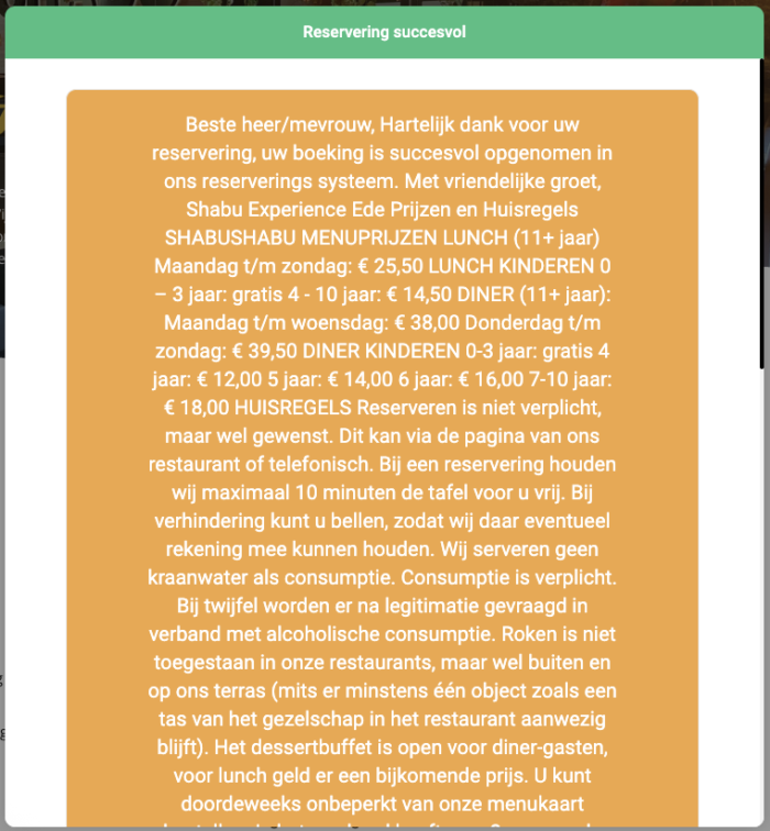 Bovenin staat in witte letters 'Reservering succesvol' op een vrij lichtgroene achtergrond. Daaronder in een lichtbruin vlak, met witte tekst, het bevestigingsbericht. Het is heel veel tekst, zonder witregels, waardoor de inhoud niet makkelijk te scannen is.