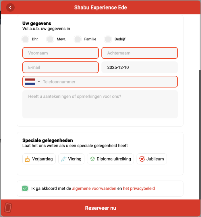 Hetzelfde reserveringsformulier. De velden die ingevuld moeten zijn, zijn rood omcirkeld. Dit om te laten zien om welke velden het gaat.