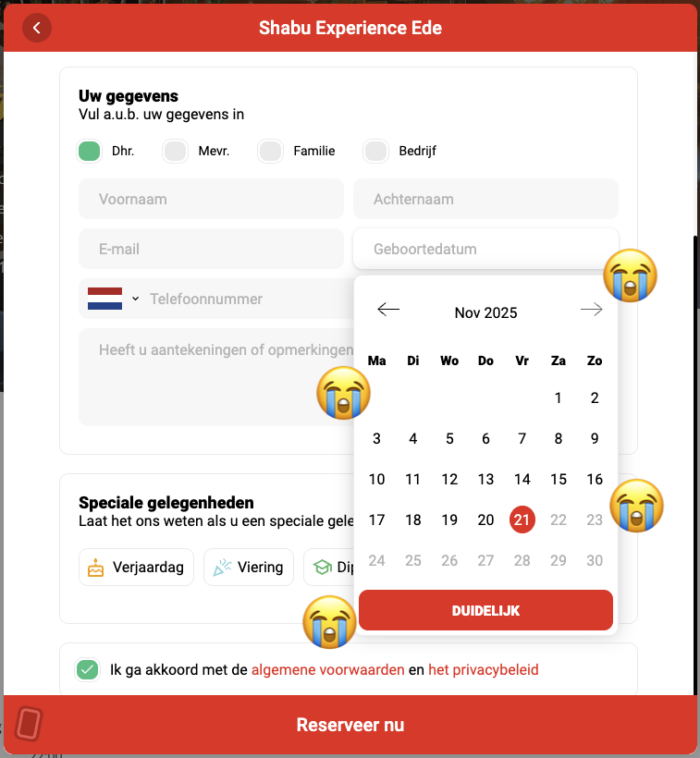 Hetzelfde reserveringsformulier. De datumkiezer om je geboortedatum te selecteren staat open. Eromheen heb ik huilende emoji geplaatst.