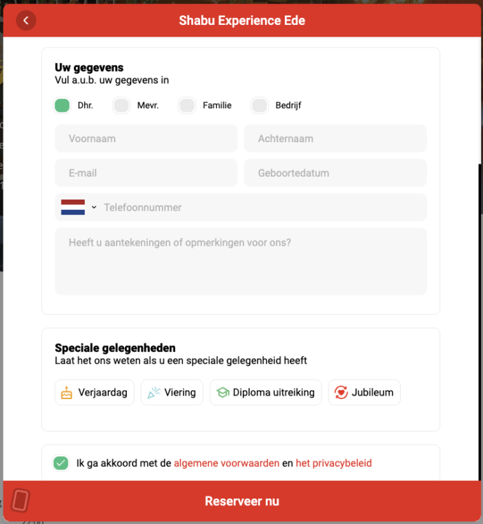 Het reserveringsscherm van Shabu Experience Ede. Het is een formulier met verschillende elementen en velden om in te vullen.