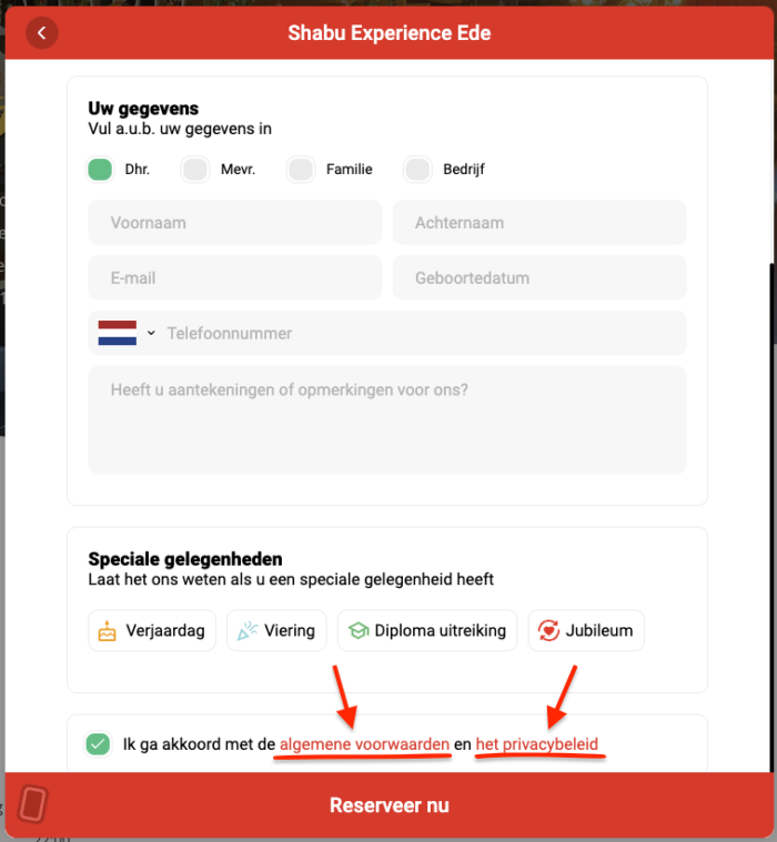 Hetzelfde reserveringsformulier. De links 'algemene voorwaarden' en 'het privacybeleid' heb ik rood onderstreept voor extra aandacht.